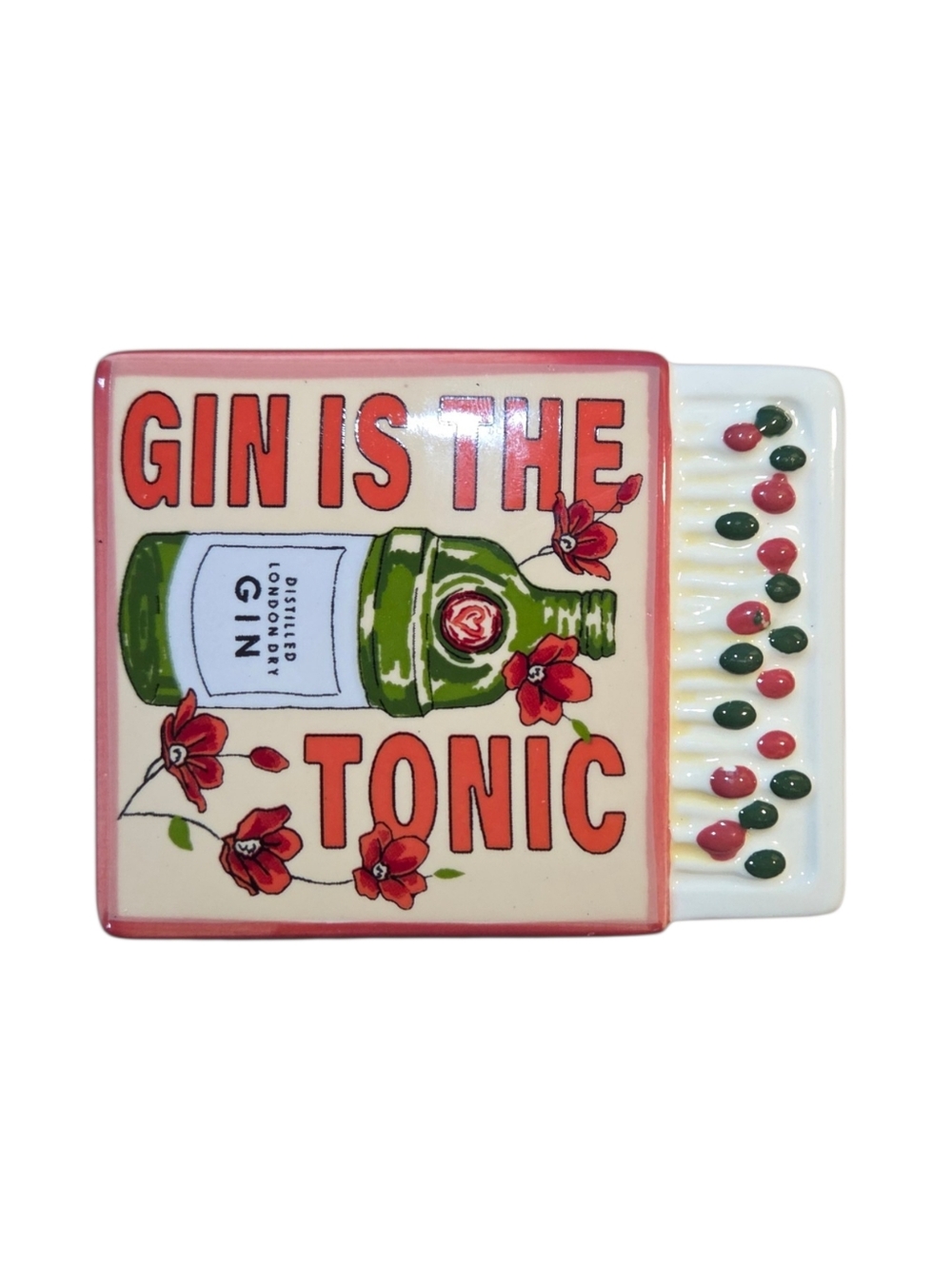 'Gin Is The Tonic' Small Chunky Decorative Trinket Box - Green & Coral Matchbox - Picture 2 of 7